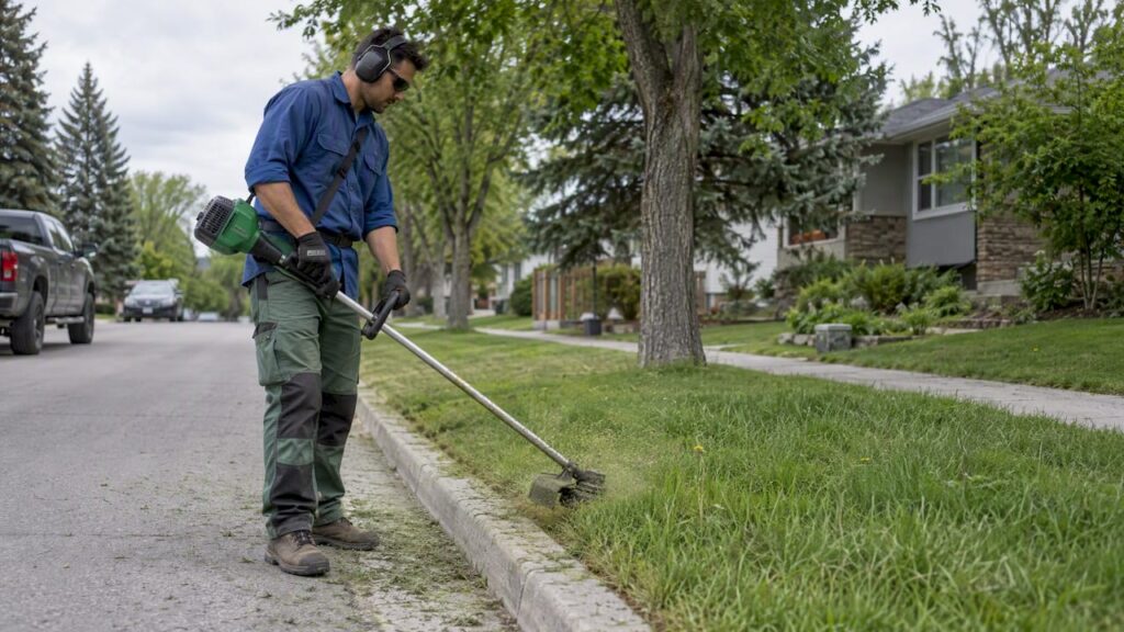 Worker string trimming Calgary boulevard grass