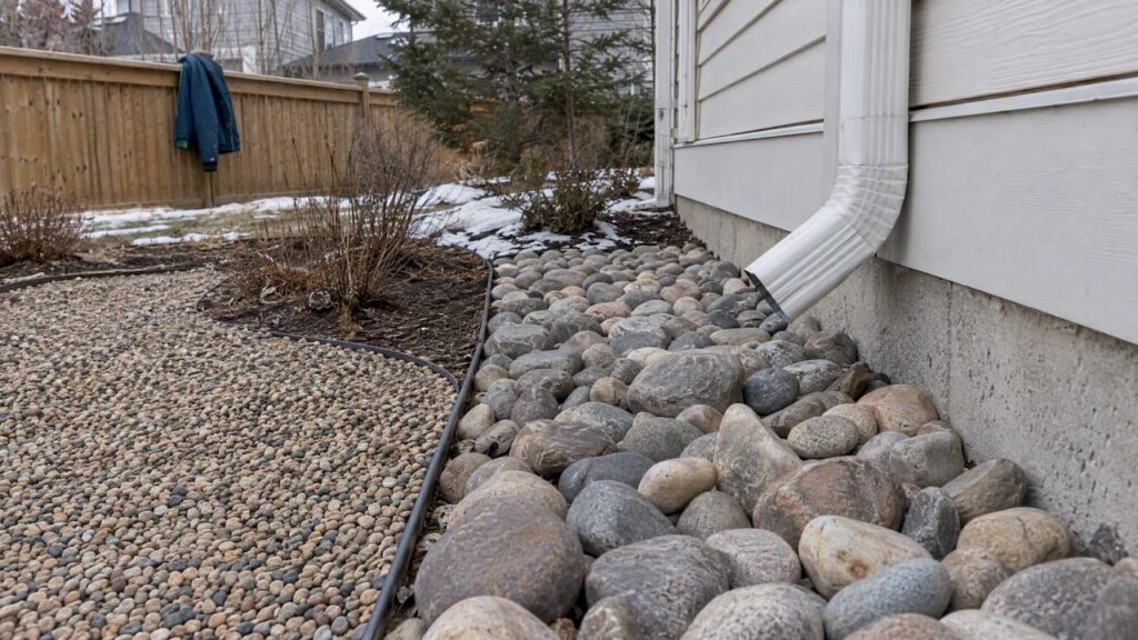 River rock and pea gravel beds in Calgary yard