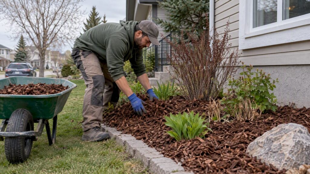 Worker spreading mulch in Calgary garden bed