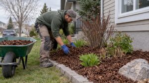 Worker spreading mulch in Calgary garden bed