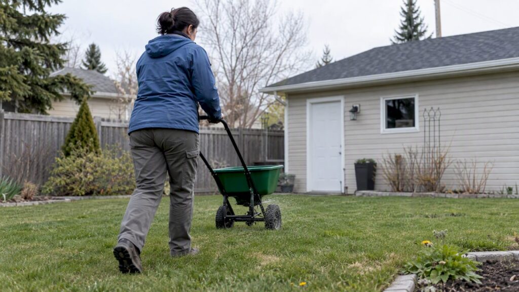 Homeowner applying weed treatment to Calgary lawn
