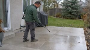 Homeowner applying sealer to concrete patio
