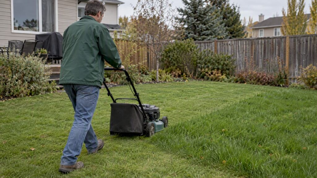 Homeowner mowing newly overseeded Calgary lawn