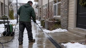 Worker pressure washing a winter walkway toward drainage
