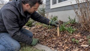 Homeowner measuring settled wood-chip mulch depth