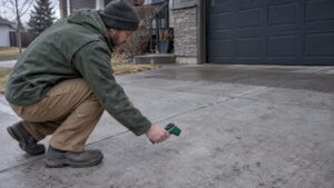 Technician checking a cool concrete driveway slab