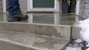 Wet sealed concrete steps during Calgary winter
